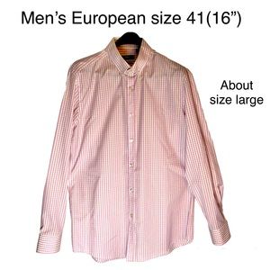 Men’s Hugo Boss European size 41(16”, L)slim fit gorgeous pink/white dress shirt